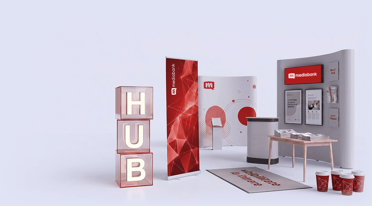MediaBank exhibition booth with HUB display and branded materials